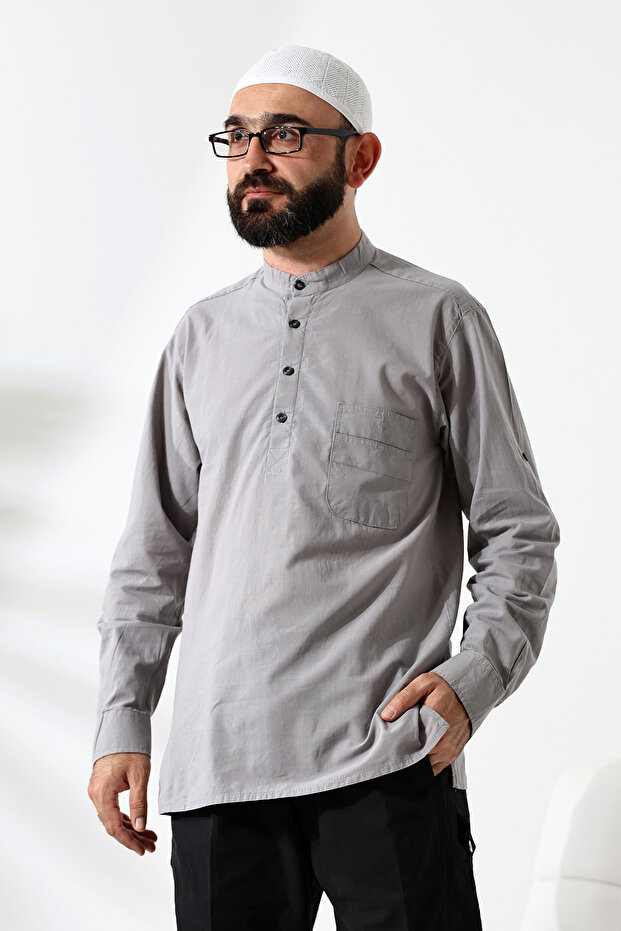 Men's 100% Cotton Voile Relaxed Fit Court Collar Half Placket Gray Hajj Umrah Shirt