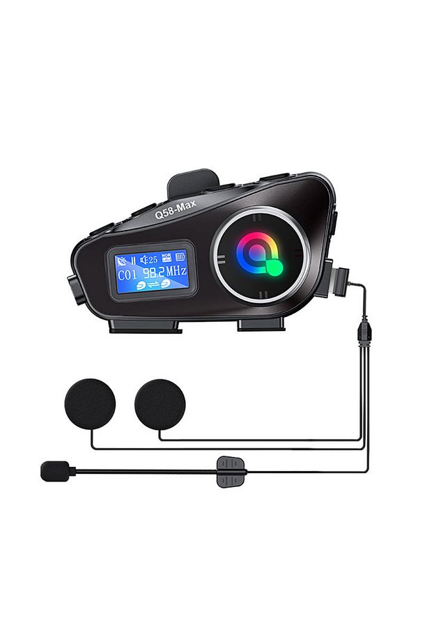 Q58-MAX Radyolu 2 Kişi Bağlantılı Bluetooth Kask Kulaklık Ekranlı Fenerli Müzik ve Telsiz Intercom - 1