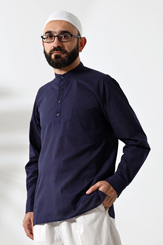 Men's 100% Cotton Voile Relaxed Fit Judge Collar Half Placket Navy Blue Hajj Umrah Shirt