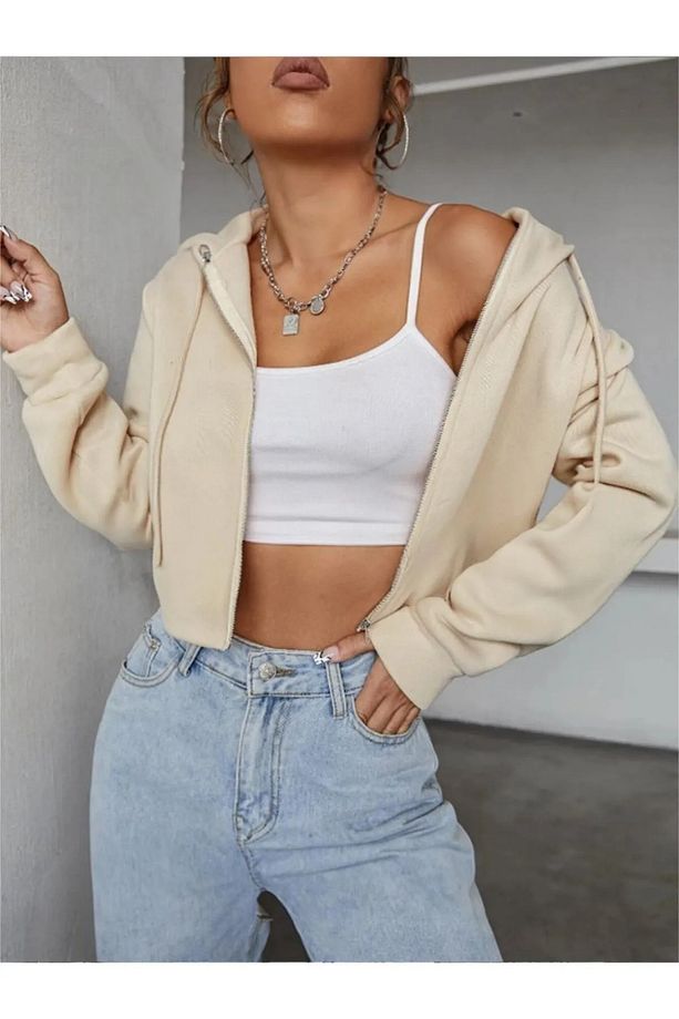 Kadın Bej Kapüşonlu Fermuarlı Oversize 3 Iplik Şardonlu Kalın Crop Hırka - 4