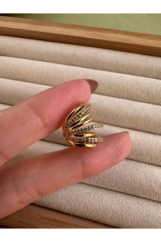 Gold Çok Sıralı Taşlı Kıkırdak Küpe Earcuff - 3