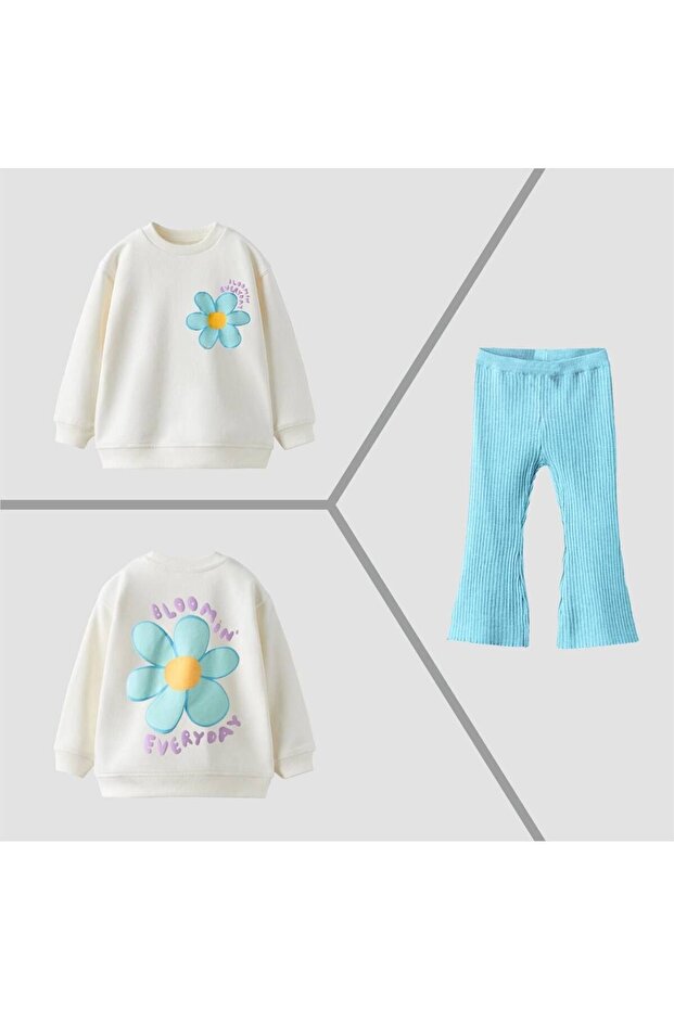 Girl's Ecru - Blue Daisy Printed Spanish Leggings Sweatshirt 3 Thread 2 Piece Top and Bottom Set