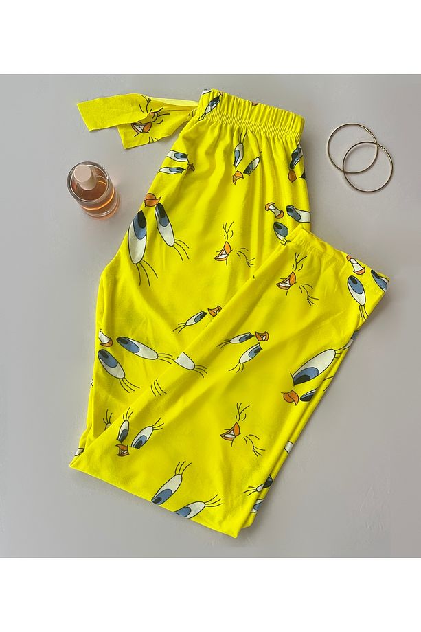 Kadın Sarı Tweety Desenli Süet Tek Alt Pijama - 2