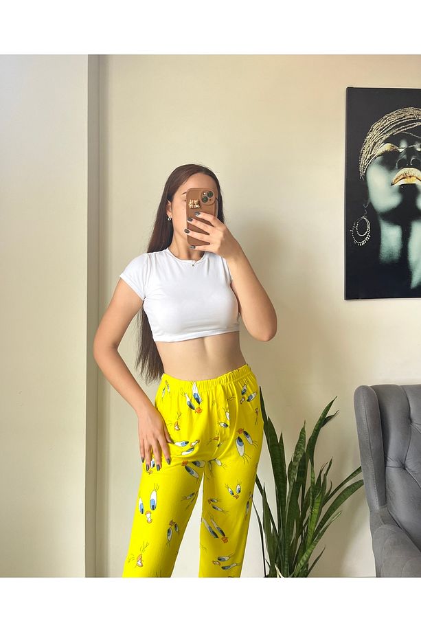 Kadın Sarı Tweety Desenli Süet Tek Alt Pijama - 1