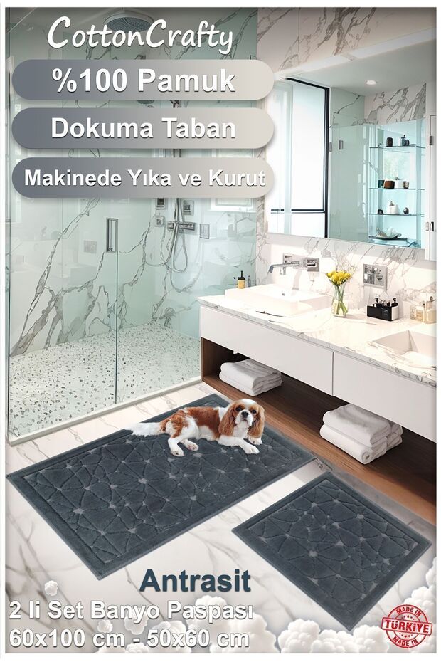 %100 Pamuk Dokuma Banyo Paspas Seti, Banyo Halısı Cam 2 Li Set 60x100 - 60x50 - 4