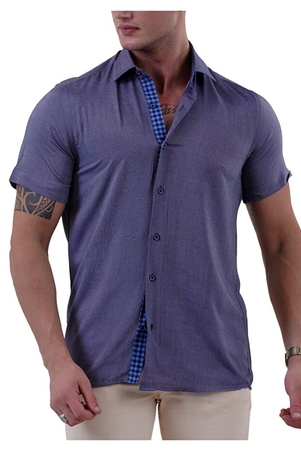Dark Blue Washed Denim Look 100% Cotton Summer Slim Fit Short Sleeve Shirt