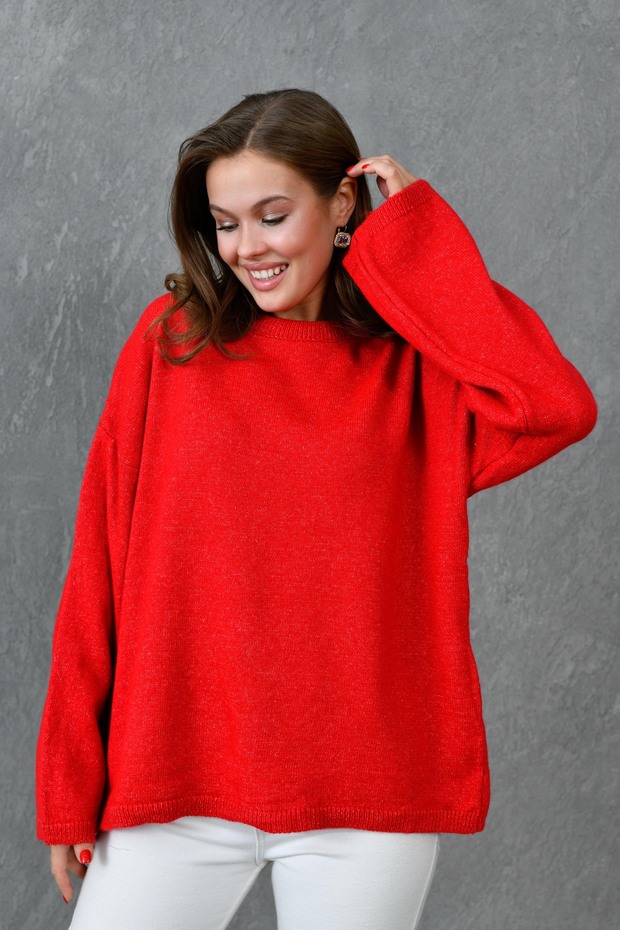 Wide Sleeve Off Shoulder Crew Neck Long Sleeve Red Oversize Knitwear Sweater 4091