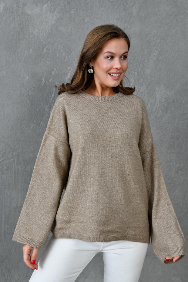 Wide Sleeve Off Shoulder Crew Neck Long Sleeve Mink Oversize Knitwear Sweater 4091