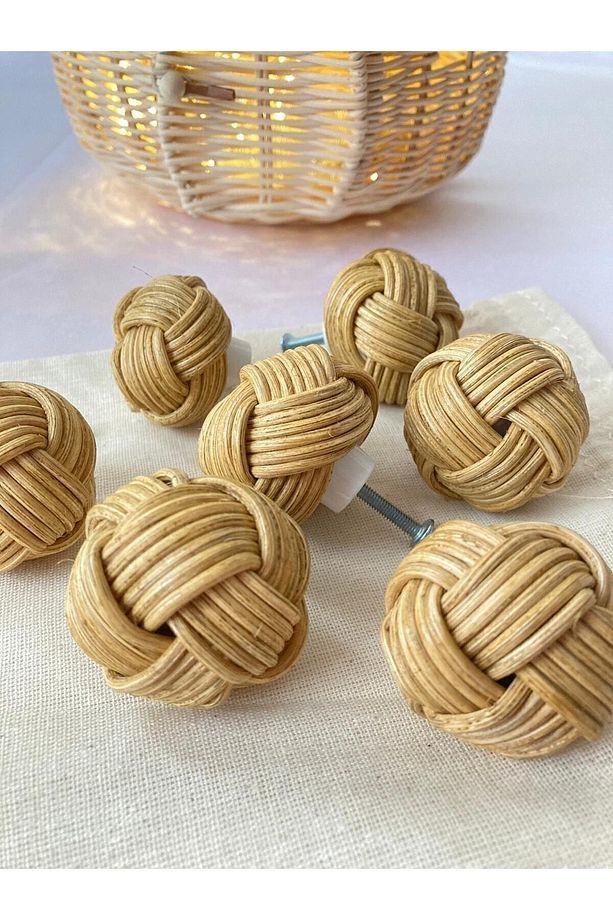 Bohem Hasır Bambu Rattan Yuvarlak Kulp - Açık Meşe Renk - 1