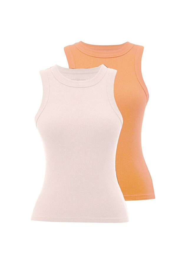 2 Pack White,Orange Crew Neck Cotton Elastane Blend Women's Sleeveless T-Shirt Wmclara Rib Tank Top