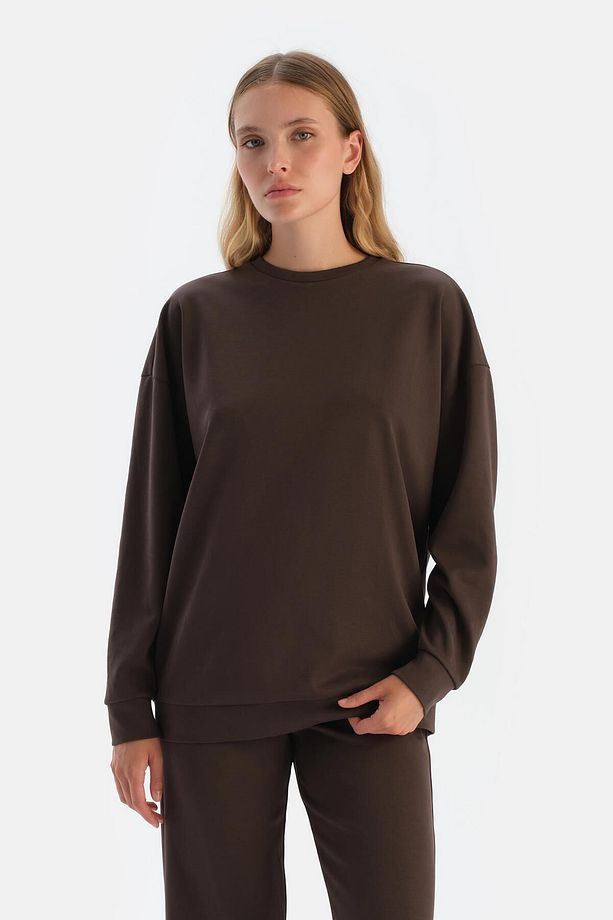 Koyu Kahve Basıc Modal Sweatshırt - 1