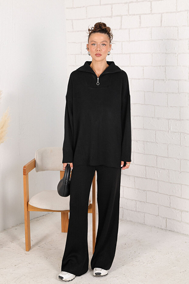 Black Basic Zippered Knitwear Set 32-7005