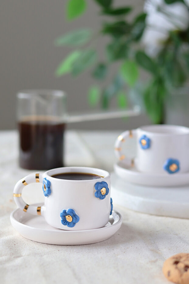 Handmade Set of 2 Flower Decorated Ceramic Cups with 24K Gold Decoration 120ml
