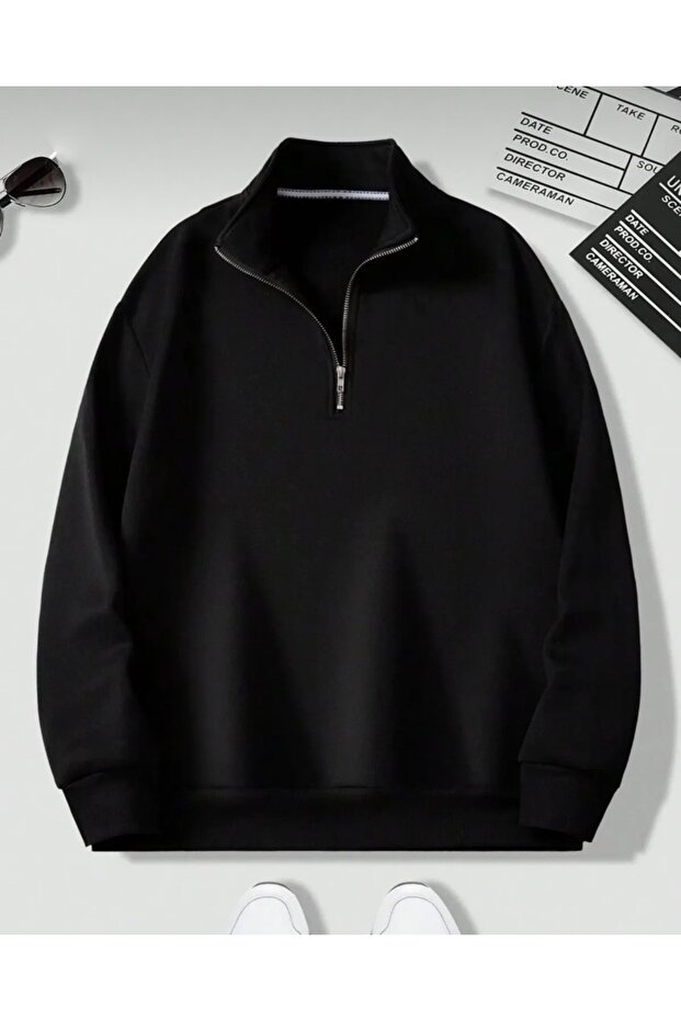 Black High Collar Half Zipper Plain Pullover Sweatshirt