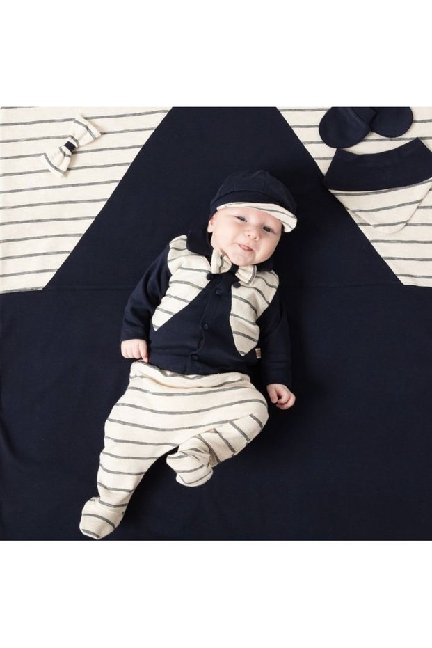 Tuxedo Detailed 100% Cotton Newborn Baby Boy 10 Piece Hospital Discharge Bodysuit Set (Dark Blue)