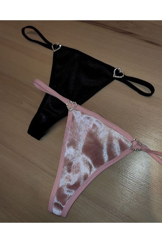 Taşlı Kalpli Kadife T-String Model Tanga - 2