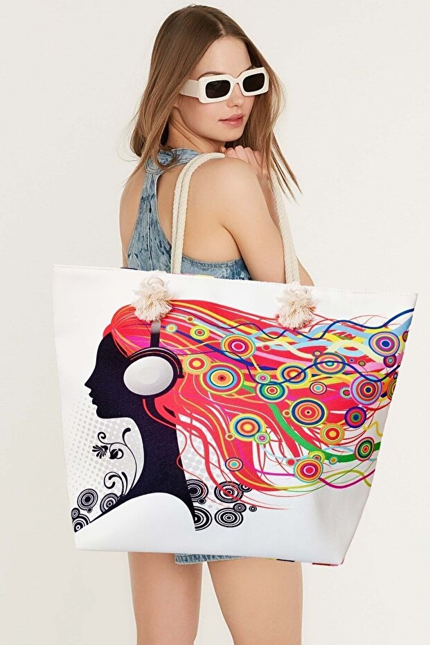 Wide Large Girl Patterned Women's Beach Bag - Zippered and Drawstring Pocket