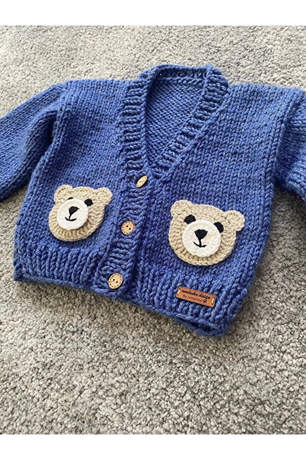 Hand Knitted Cute Teddy Bear Detailed Boy's Cardigan