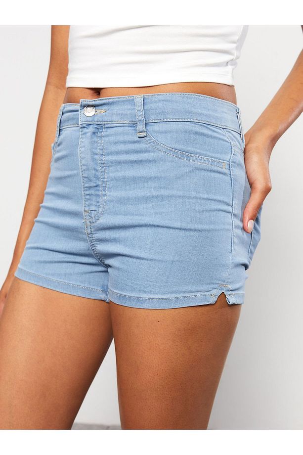 Yüksek Bel Ekstra Dar Fit Düz Cep Detaylı Kadın Jean Şort - 5