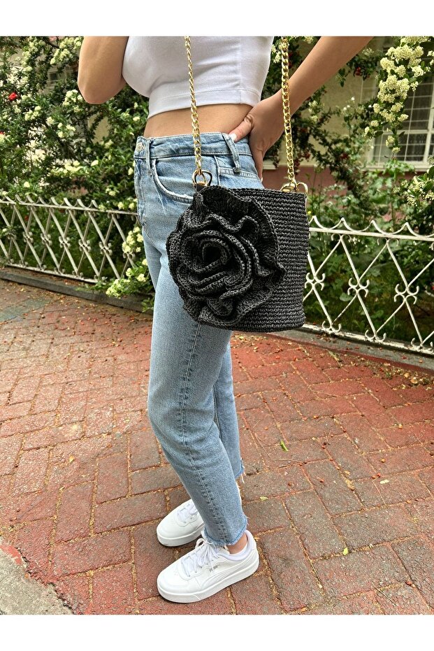 Hasır örgü yuvarlak omuz çantası - 4