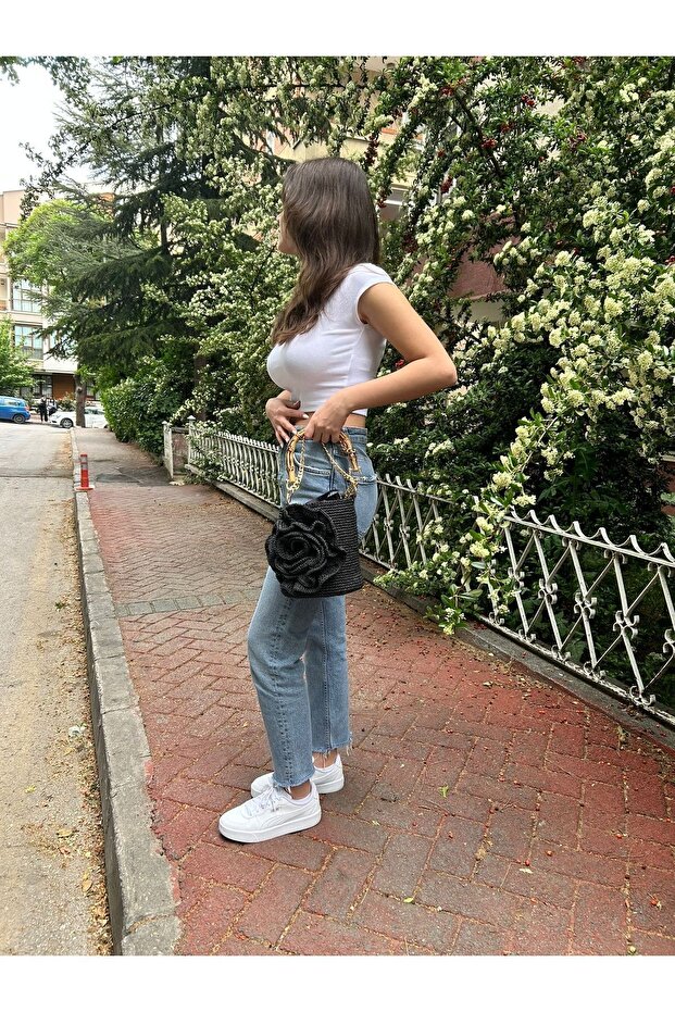 Hasır örgü yuvarlak omuz çantası - 7