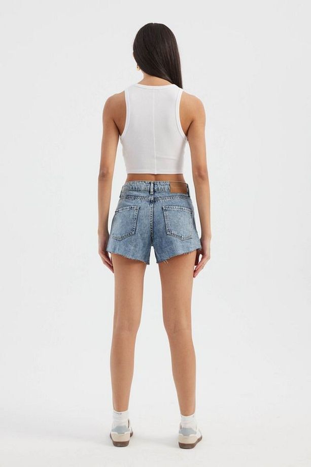 Yırtık Detaylı Yüksek Bel Denim Şort - 4