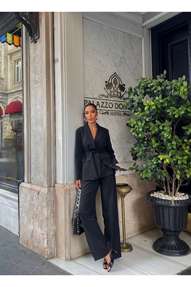 Clove Belted Blazer and Palazzo Pants Set