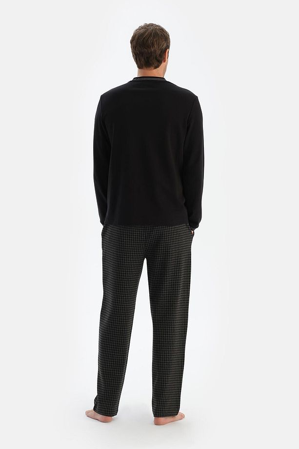 Siyah Bisiklet Yaka Uzun Kollu Altı Desenli Pijama Takımı - 2