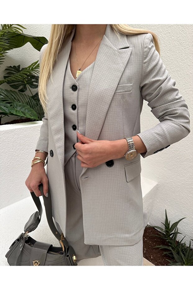 Square Patterned Trousers Jacket Vest 3-Piece Women's Suit