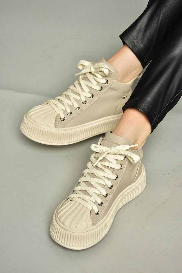 T973599609 Bej Yüksek Bilekli Spor Ayakkabı Sneakers - 4