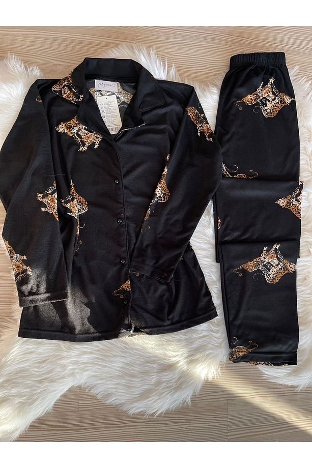 Leopar Desenli Süet Gömlek Yaka Uzun Kol Pijama Takımı - 6