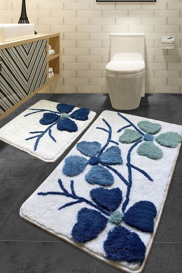 Kırçiçeği Mavi 2'li Set Banyo Halısı Yıkanabilir, Kaymaz Taban Akrilik - 1