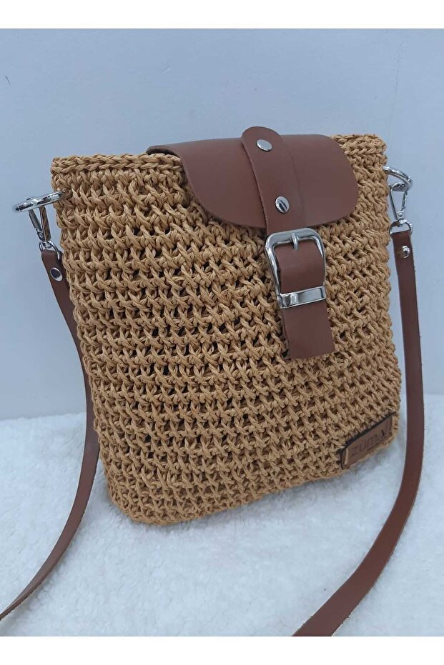 Leather Strap Hand Knitted Leather Strap Paper Thread Women's Shoulder Bag (Color Straw)