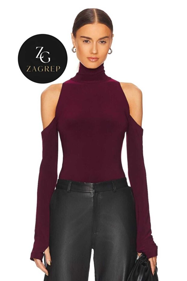 Women's Burgundy Turtleneck Off-Shoulder Finger-Loop Silk Jersey Blouse