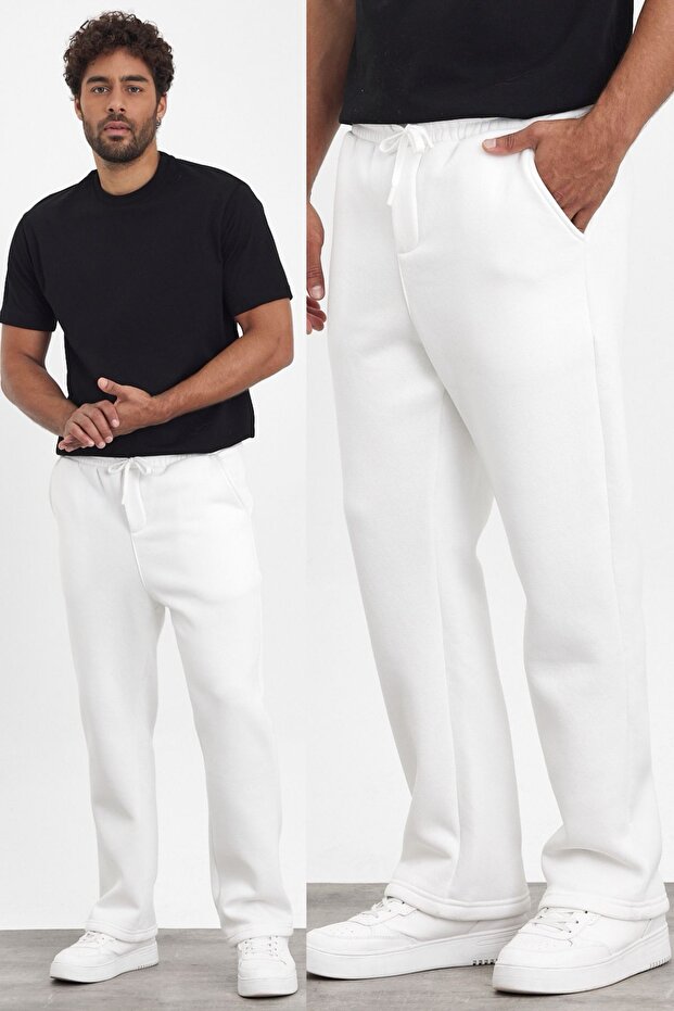 New Season Men's White Sweatpants - Baggy Loose Fit, 3 Thread Raised Mz73037