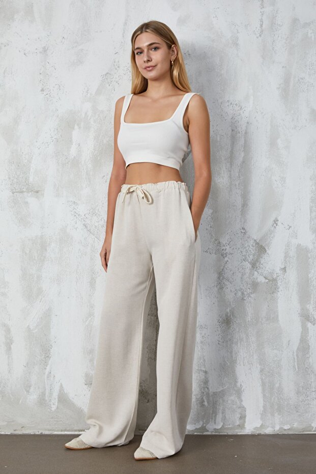 Natur Linen Loose Cut Lace Detailed Trousers 27057