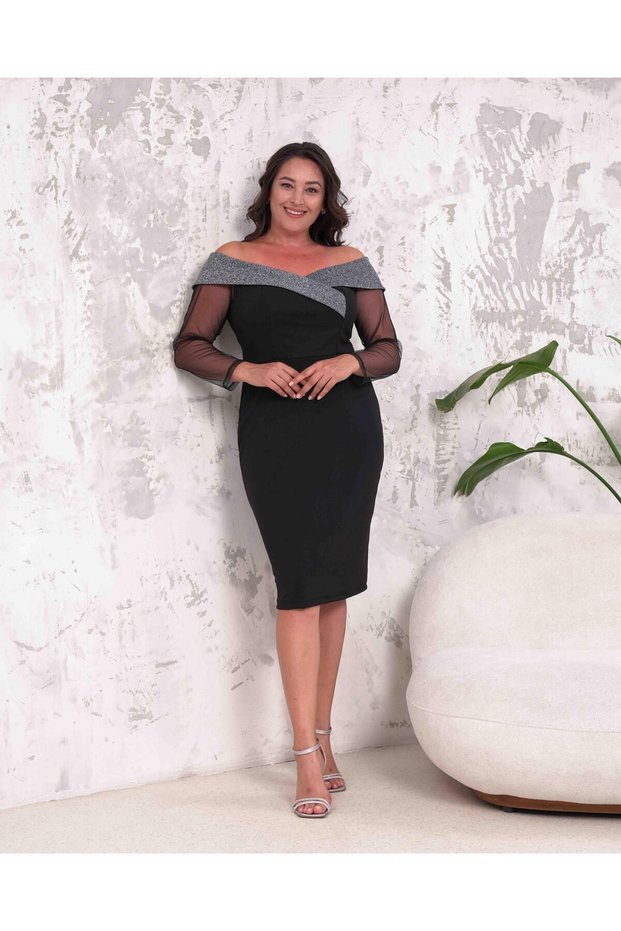 Women's Plus Size Boat Neck Tulle Long Sleeve Sim Stripe Detailed Stretchy Midi Evening Dress 24170 Black