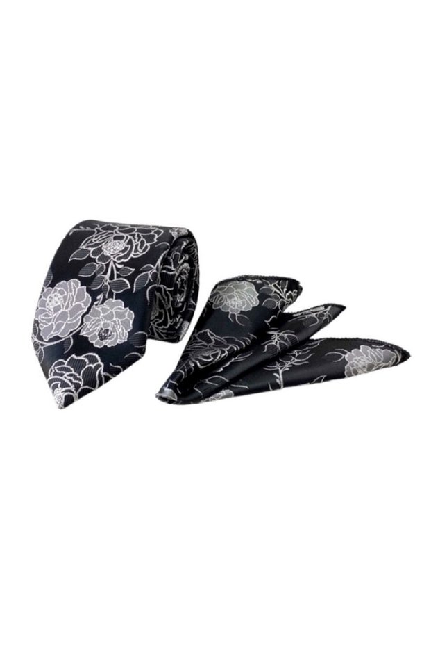 Black and White Rose Pattern Handkerchief Tie 7701-2mk