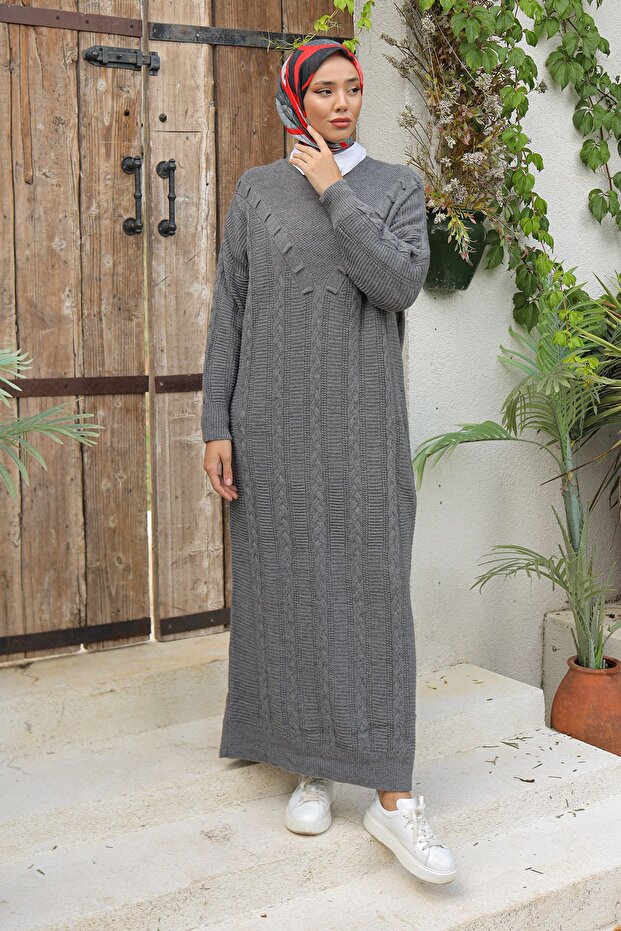 Kadın V Detaylı Saç Örgülü Triko Elbise - 1