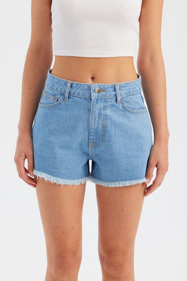 Koyu Renk Yüksek Bel Denim Şort - 1