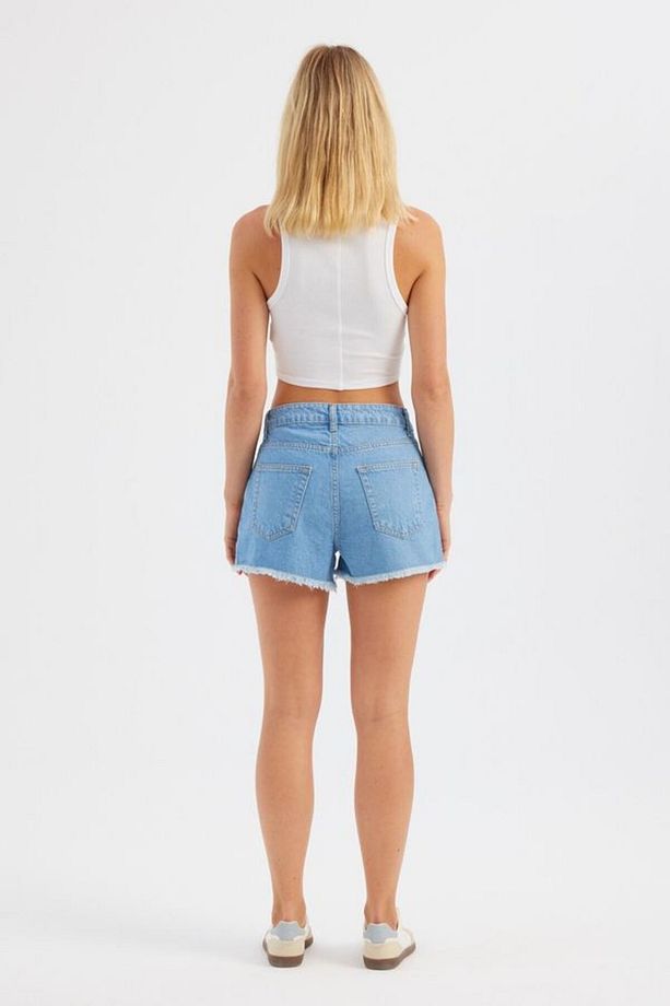 Koyu Renk Yüksek Bel Denim Şort - 4