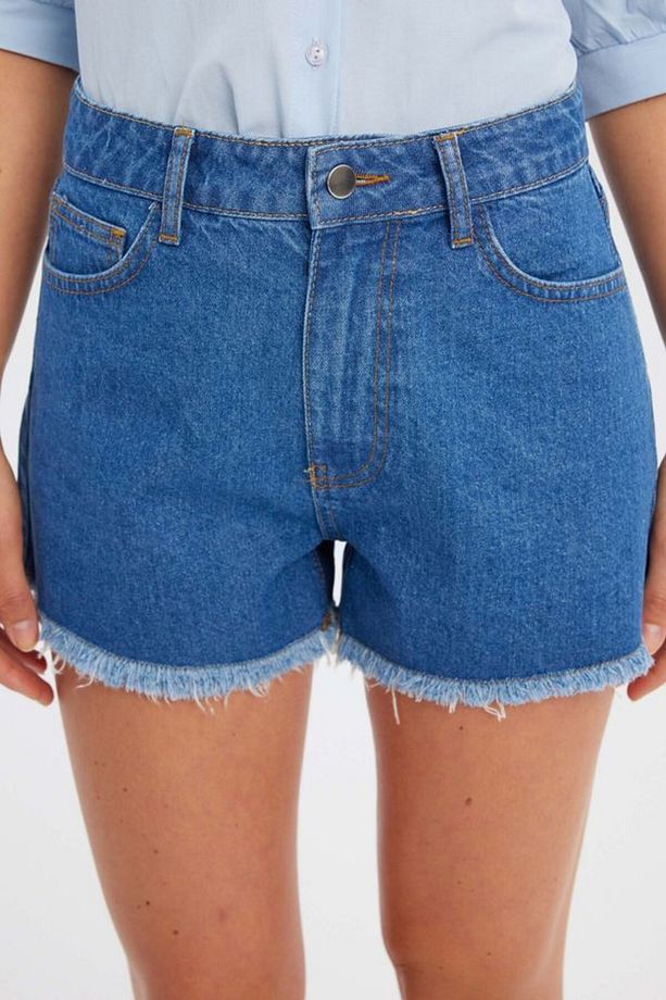 Koyu Renk Yüksek Bel Denim Şort - 5