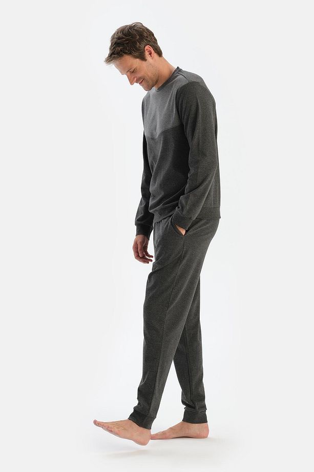 Antrasit Melanj Bisiklet Yaka Uzun Kollu Jogger Pantolonlu Pijama Takımı - 3