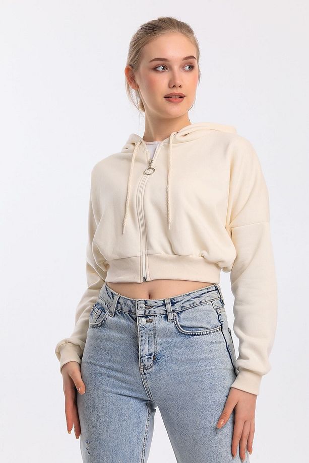 Ekru Oversize Kordon Detaylı Kapüşonlu Fermuarlı Sweat - 1
