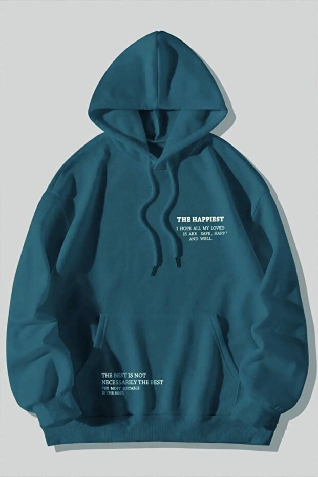 Unisex Petrol Blue Happiest Printed Oversize Hooded Sweatshirt