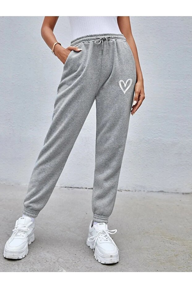 Women's Gray Striped Heart Printed Black Sweatpants