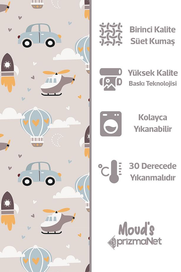Araba ve Helikopter Desenli Fon Perde Çocuk ve Bebek Odası Süet Baskılı Ekstrafor Büzgü TEK KANAT - 6
