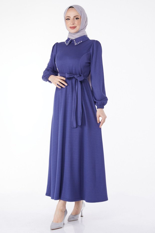 Plain Shirt Collar Women's Navy Blue Collar Stone Detailed Belted Dress - 24758