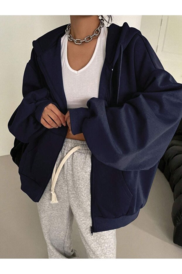 Women's Navy Blue Hooded Zippered Cardigan