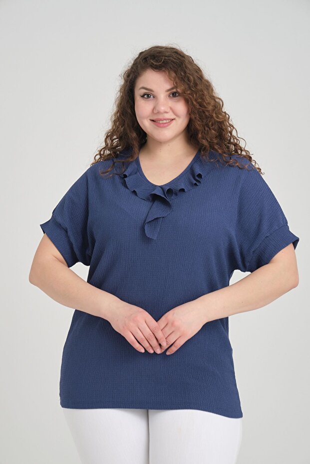 Blue Shawl Collar Plus Size Blouse